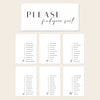 Printable seating chart cards template design with names and title on a beige background.