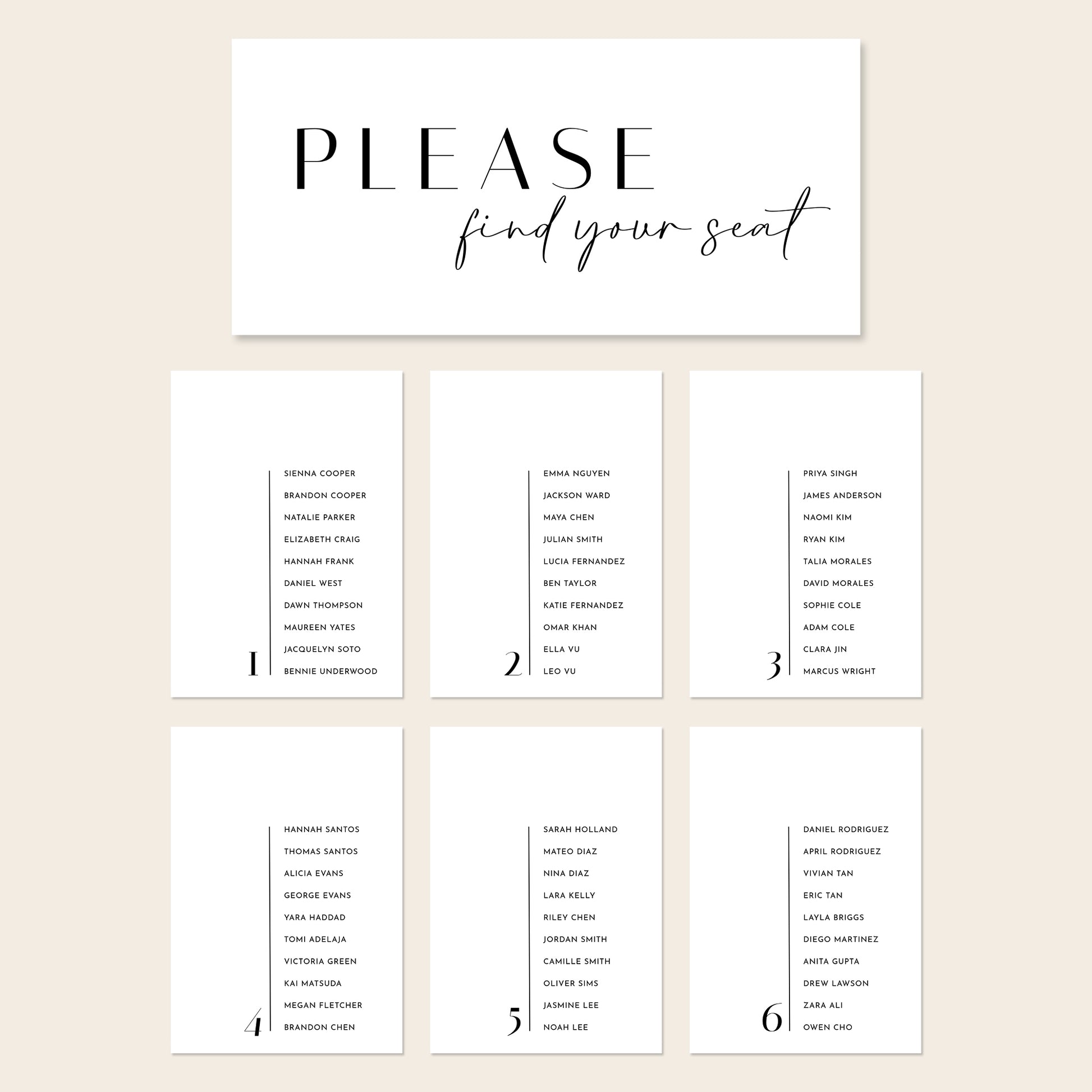 Printable seating chart cards template design with names and title on a beige background.