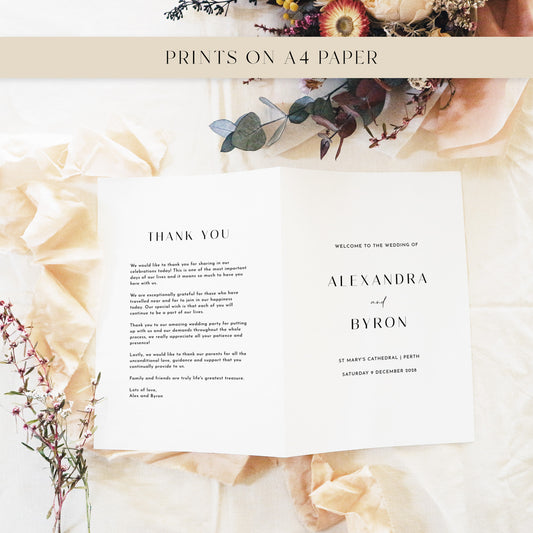 Folded A4 wedding ceremony booklet template showing the thank-you message and front cover side by side. A minimalist black-and-white design for modern couples, photographed with eucalyptus leaves and soft neutral tones.