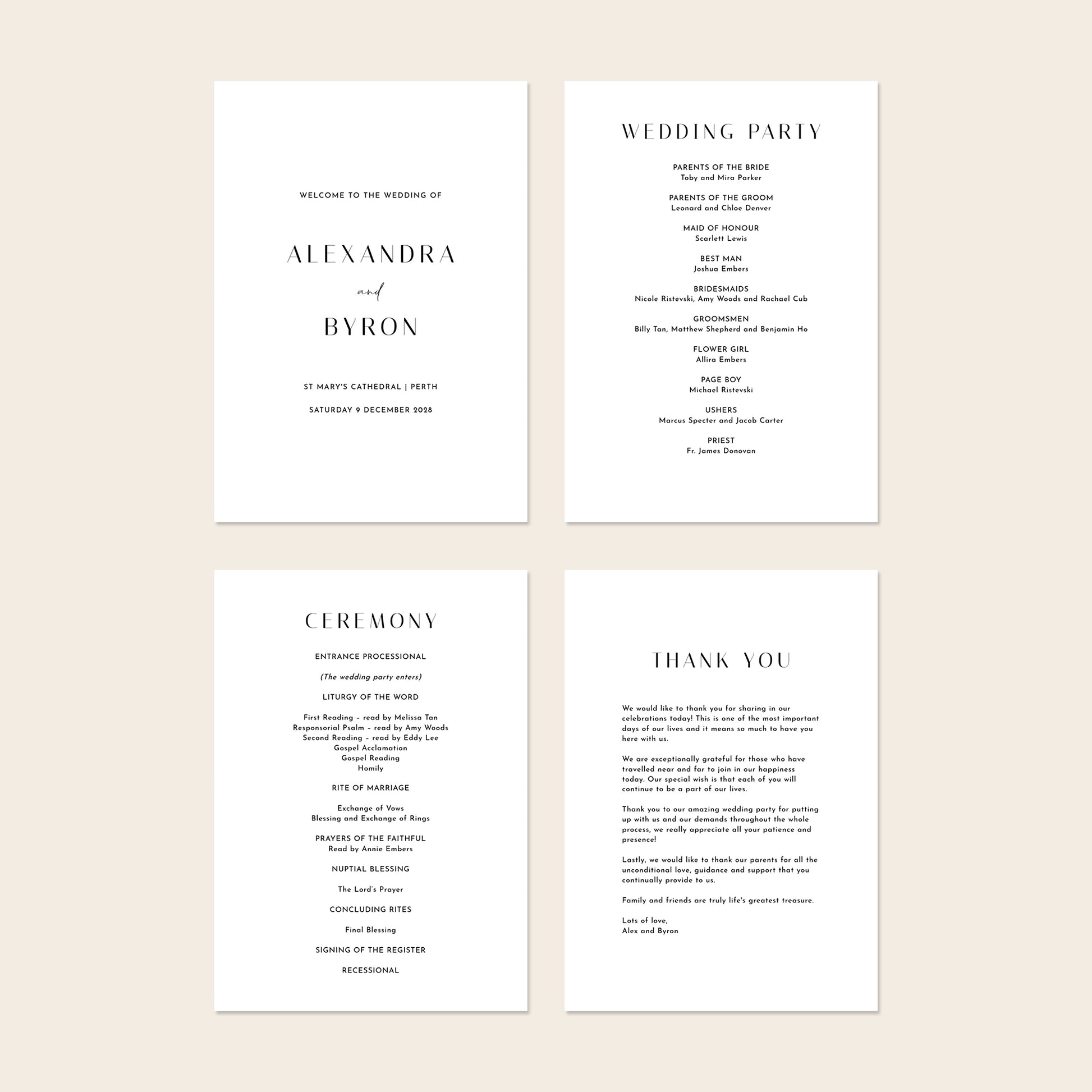 Set of four wedding ceremony programs on a beige background