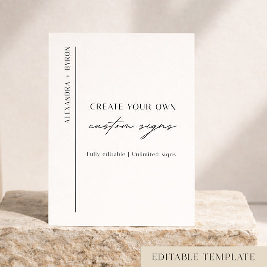Brighton minimalist wedding sign bundle template, shown on a marble plinth, fully editable with unlimited custom signs in Canva.