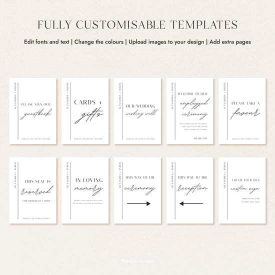 Fully customisable Brighton wedding sign bundle, featuring ten minimalist templates including guestbook, gifts, ceremony and reception signs.