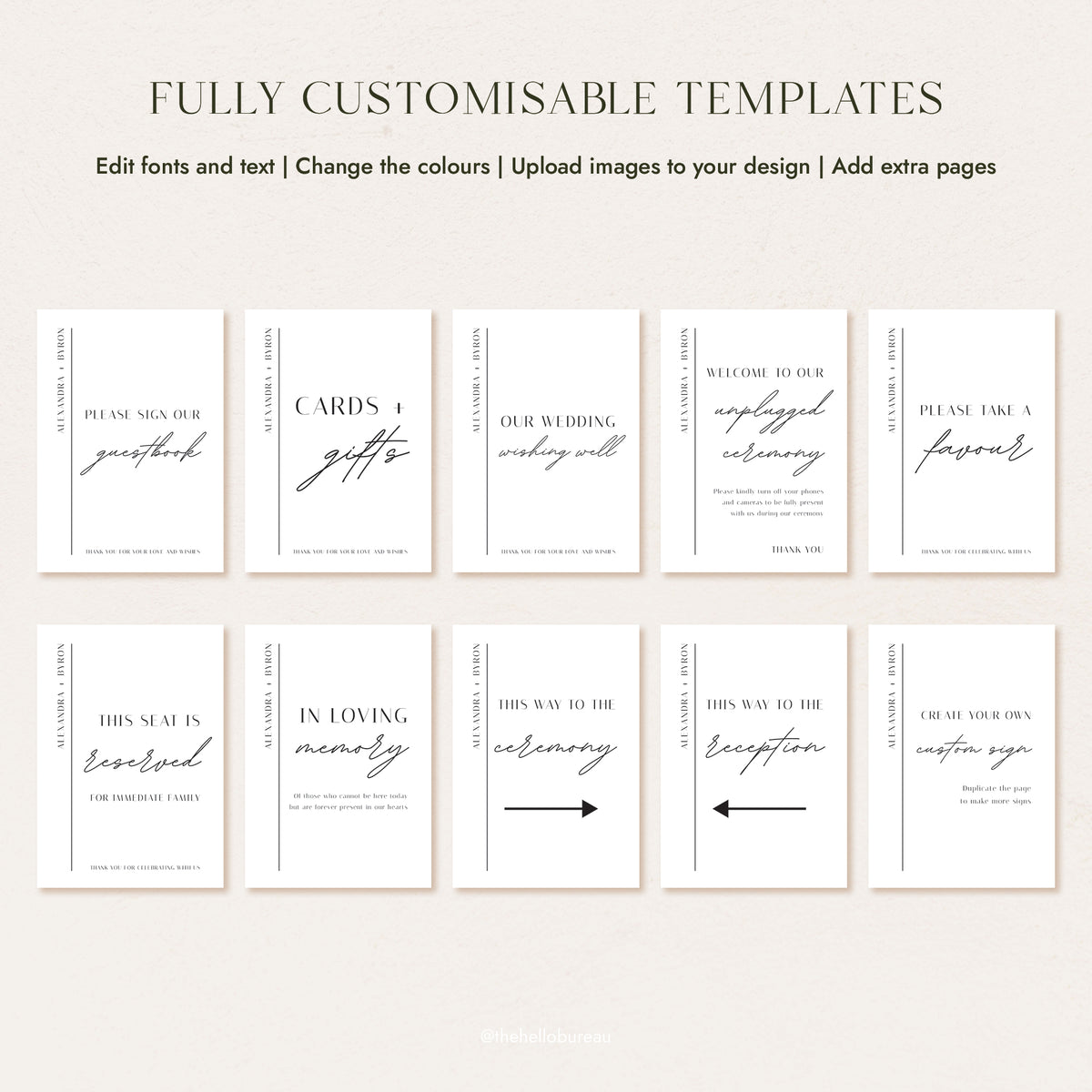 Fully customisable Brighton wedding sign bundle, featuring ten minimalist templates including guestbook, gifts, ceremony and reception signs.