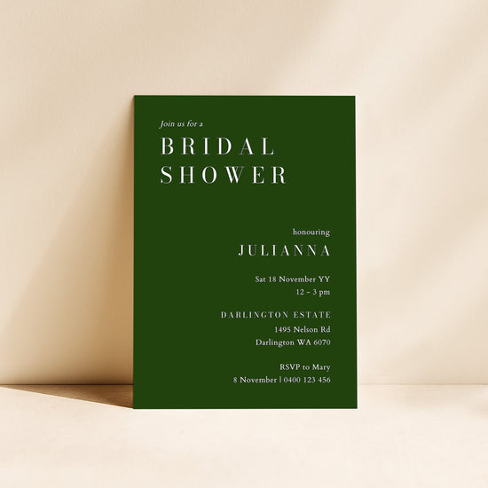 Modern bridal shower invitation card on a beige background.