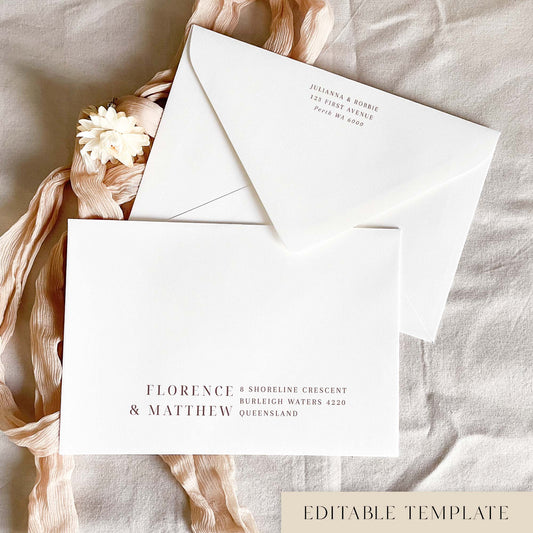 Modern editable wedding envelope address template in Canva, with brown text on a neutral white envelope. The back flap shows a return address, styled with blush pink ribbon and a cream dried flower on linen.