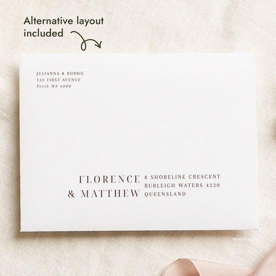 Modern wedding envelope address template with an alternative layout included. Brown text sits on a white envelope, with the return address top left and the guest address bottom right. This editable DIY template is made for Canva.