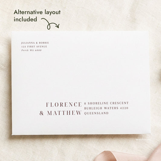 Modern wedding envelope address template with an alternative layout included. Brown text sits on a white envelope, with the return address top left and the guest address bottom right. This editable DIY template is made for Canva.