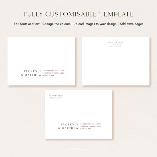 Three modern editable wedding envelope address template layouts in Canva, showing a front guest address, a return address and a combined version. Brown text sits on white, ready for you to edit fonts, change colours and print for a DIY finish.