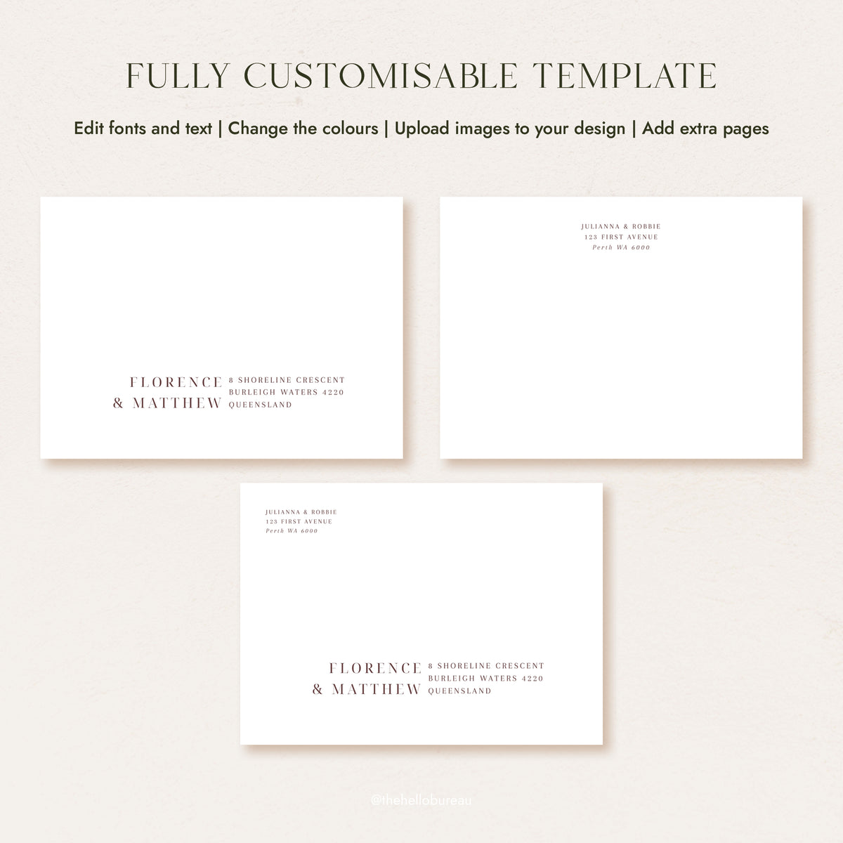 Three modern editable wedding envelope address template layouts in Canva, showing a front guest address, a return address and a combined version. Brown text sits on white, ready for you to edit fonts, change colours and print for a DIY finish.