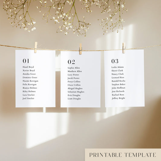 Three white seating chart cards with printed names, clipped to a string with pegs, against a neutral background.
