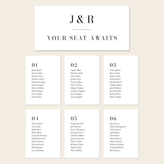 Printable seating chart cards template design with names and title on a beige background.