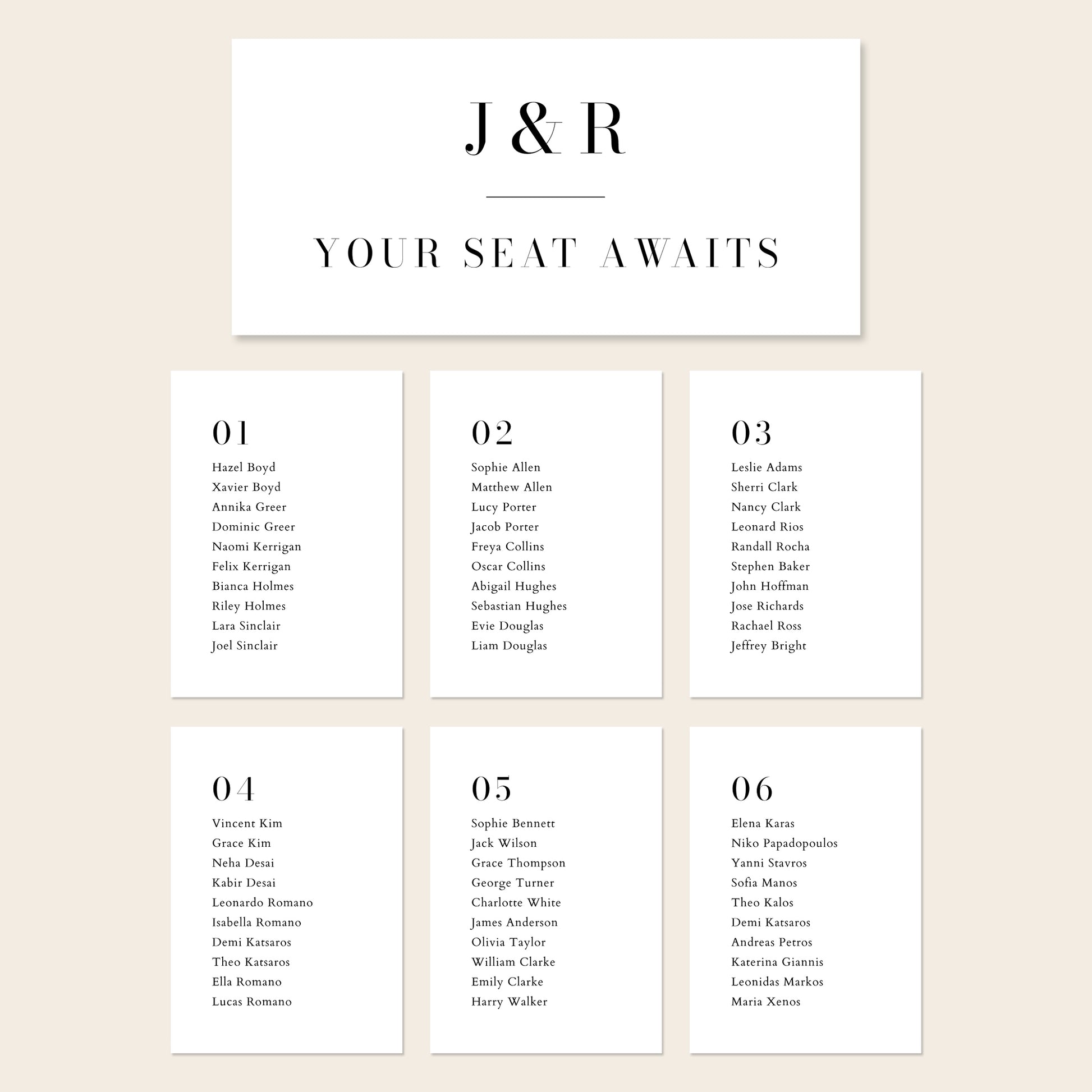 Printable seating chart cards template design with names and title on a beige background.