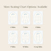 A beige informational graphic showing six seating chart options labeled for 6, 7, 8, 9, 10, and 4 long tables. The chart options feature a striped cream-and-white oval layout with blue text and table numbering.