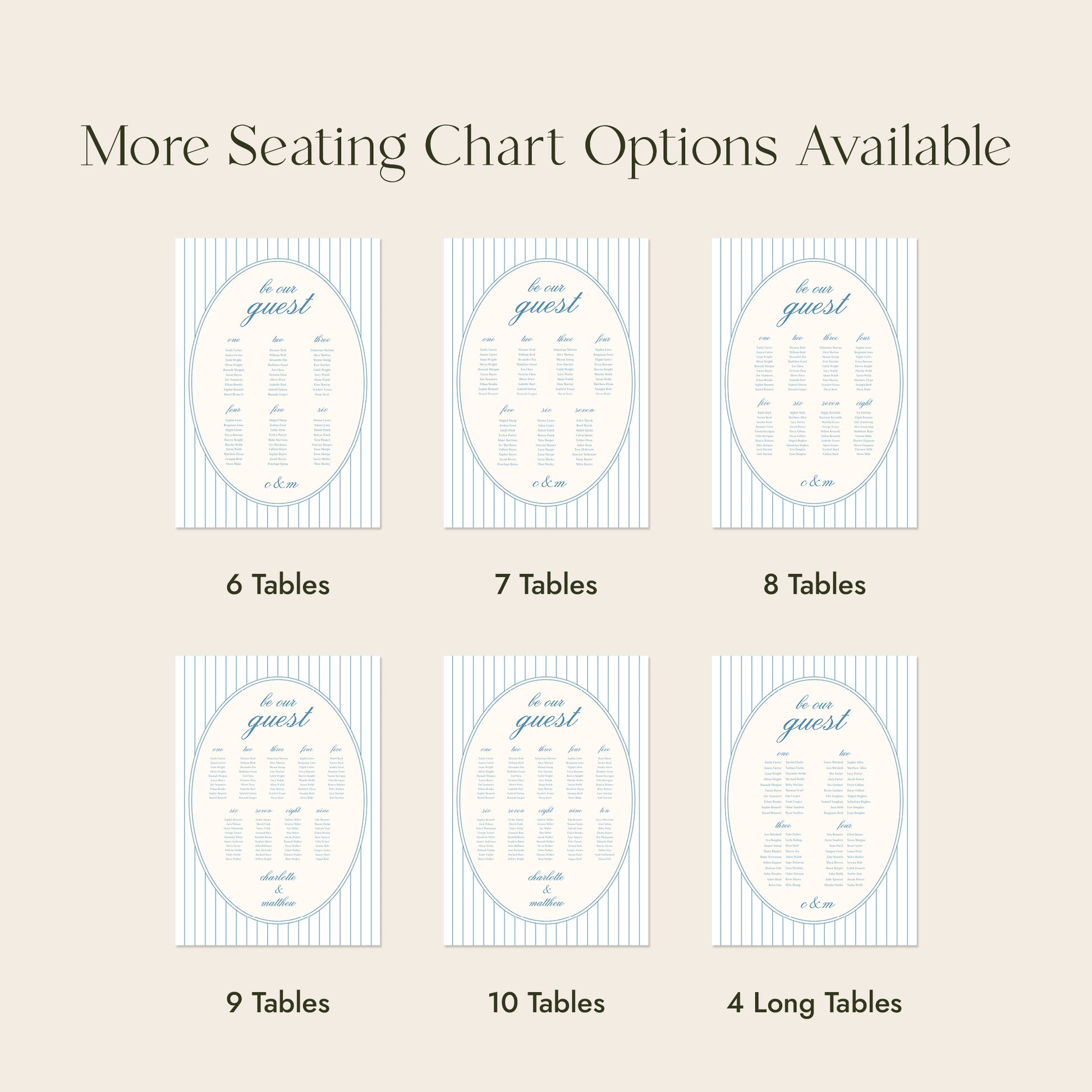 A beige informational graphic showing six seating chart options labeled for 6, 7, 8, 9, 10, and 4 long tables. The chart options feature a striped cream-and-white oval layout with blue text and table numbering.