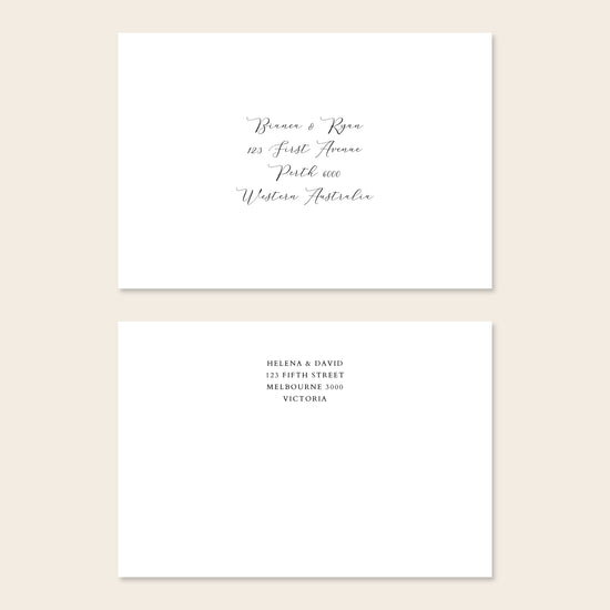 Two white invitation envelopes with address text on a beige background.