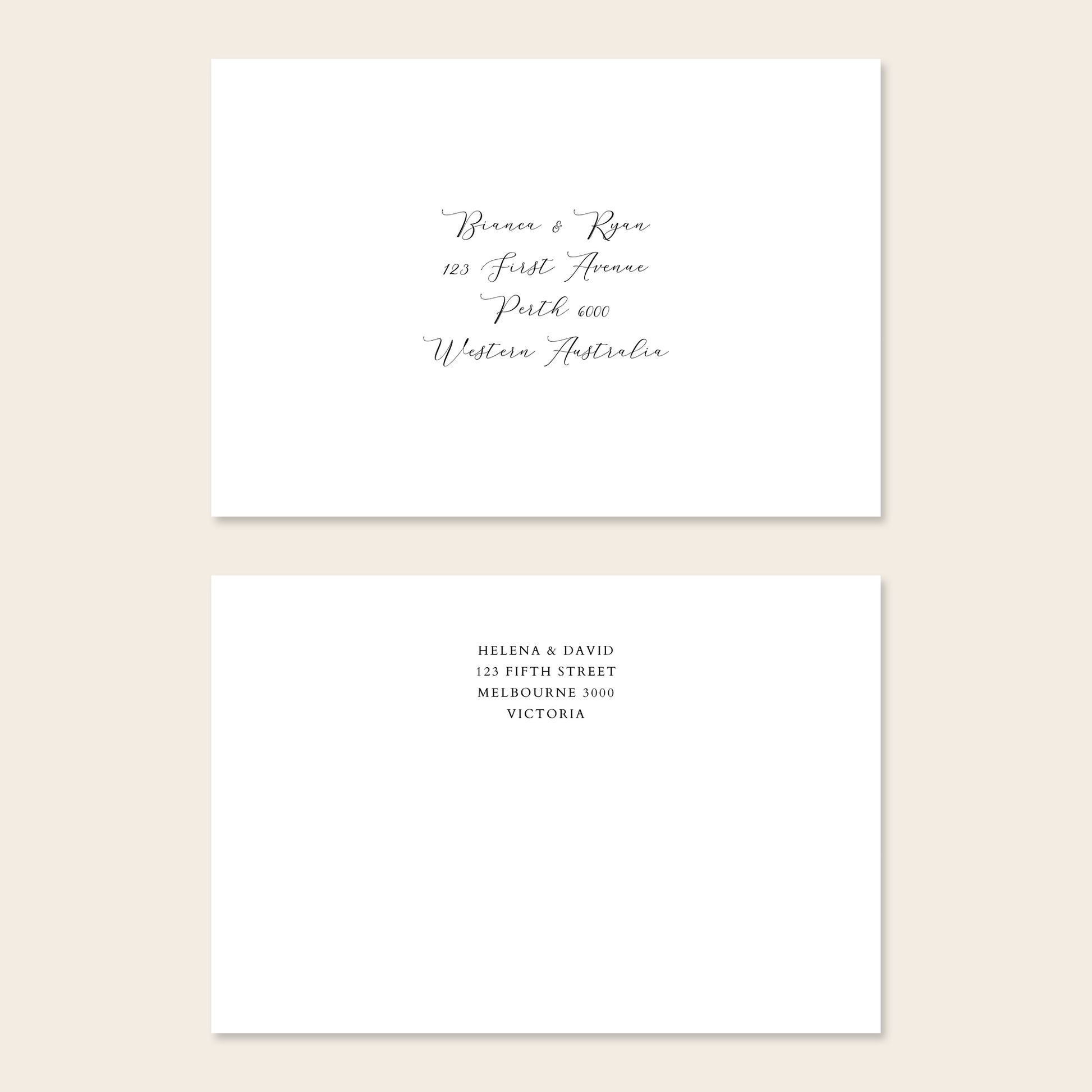 Two white invitation envelopes with address text on a beige background.