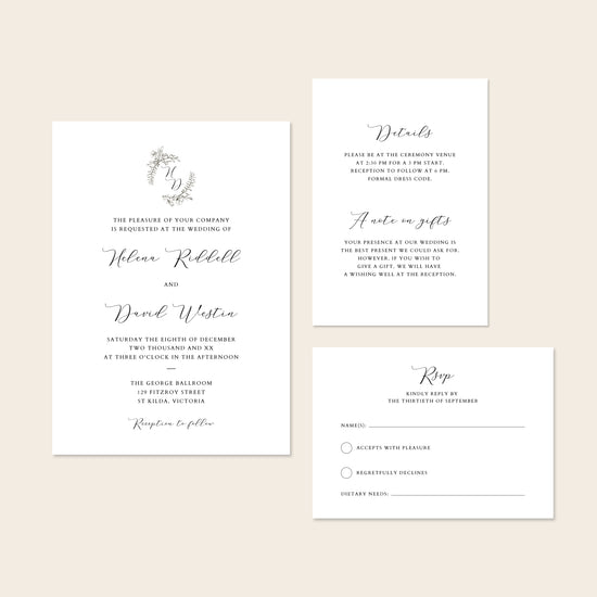 Wedding invitation template set with details and rsvp on a beige background.