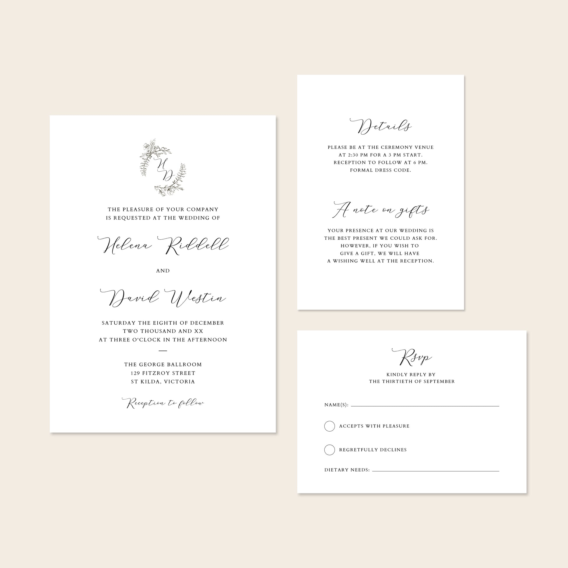 Wedding invitation template set with details and rsvp on a beige background.