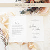 Folded A4 wedding ceremony booklet template showing the thank-you message and front cover side by side. A minimalist black-and-white design for modern couples, photographed with eucalyptus leaves and soft neutral tones.