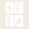 Four pages of a printable wedding program template on a beige background.
