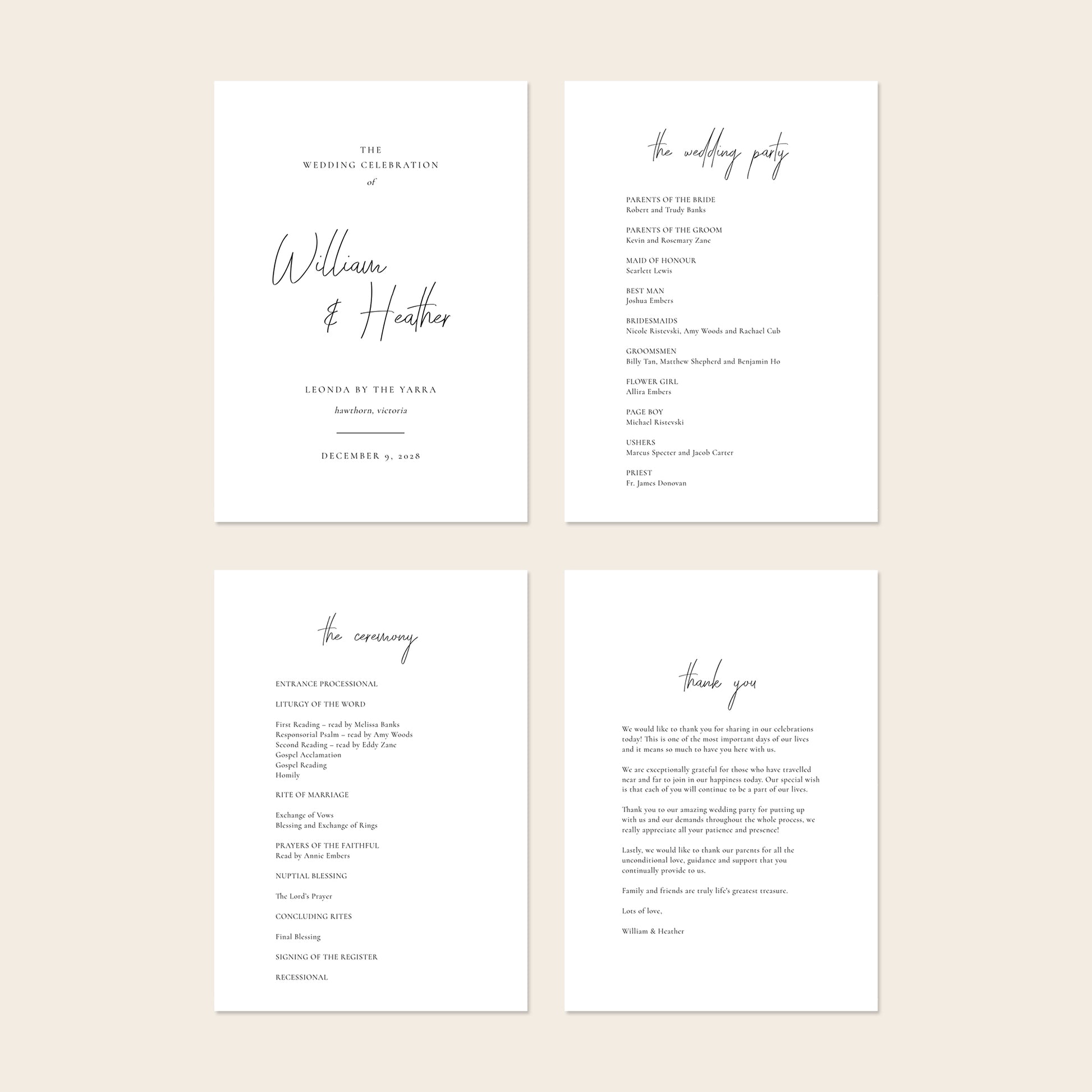 Four pages of a printable wedding program template on a beige background.