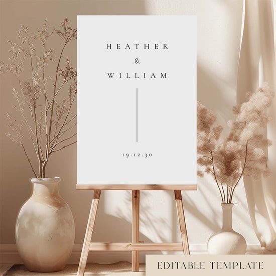 Printable minimal wedding welcome sign template on an easel with floral arrangements in a room setting.