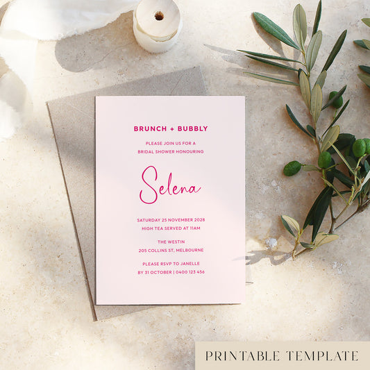 Pink bridal shower invitation card template for a brunch and bubbly celebration.