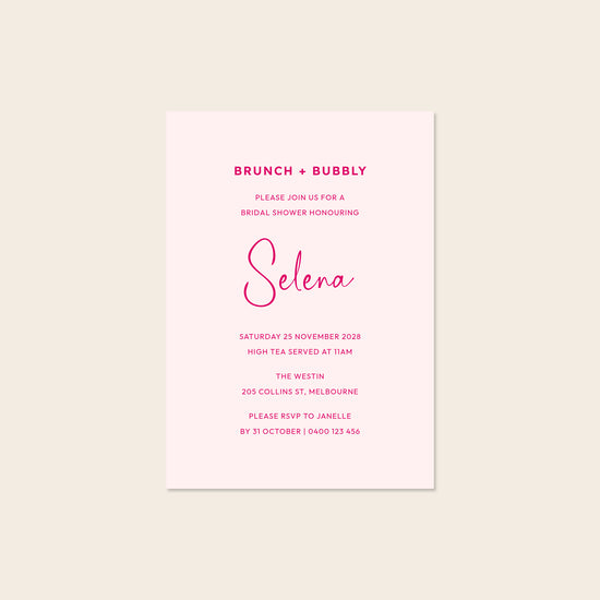 Pink bridal shower invitation template design on a beige background.