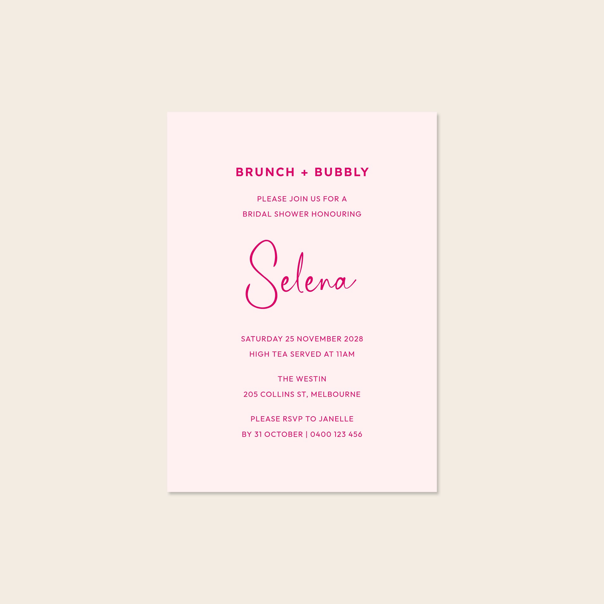 Pink bridal shower invitation template design on a beige background.