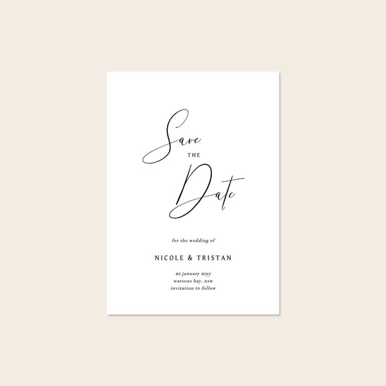 Wedding save the date card template design on a beige background.