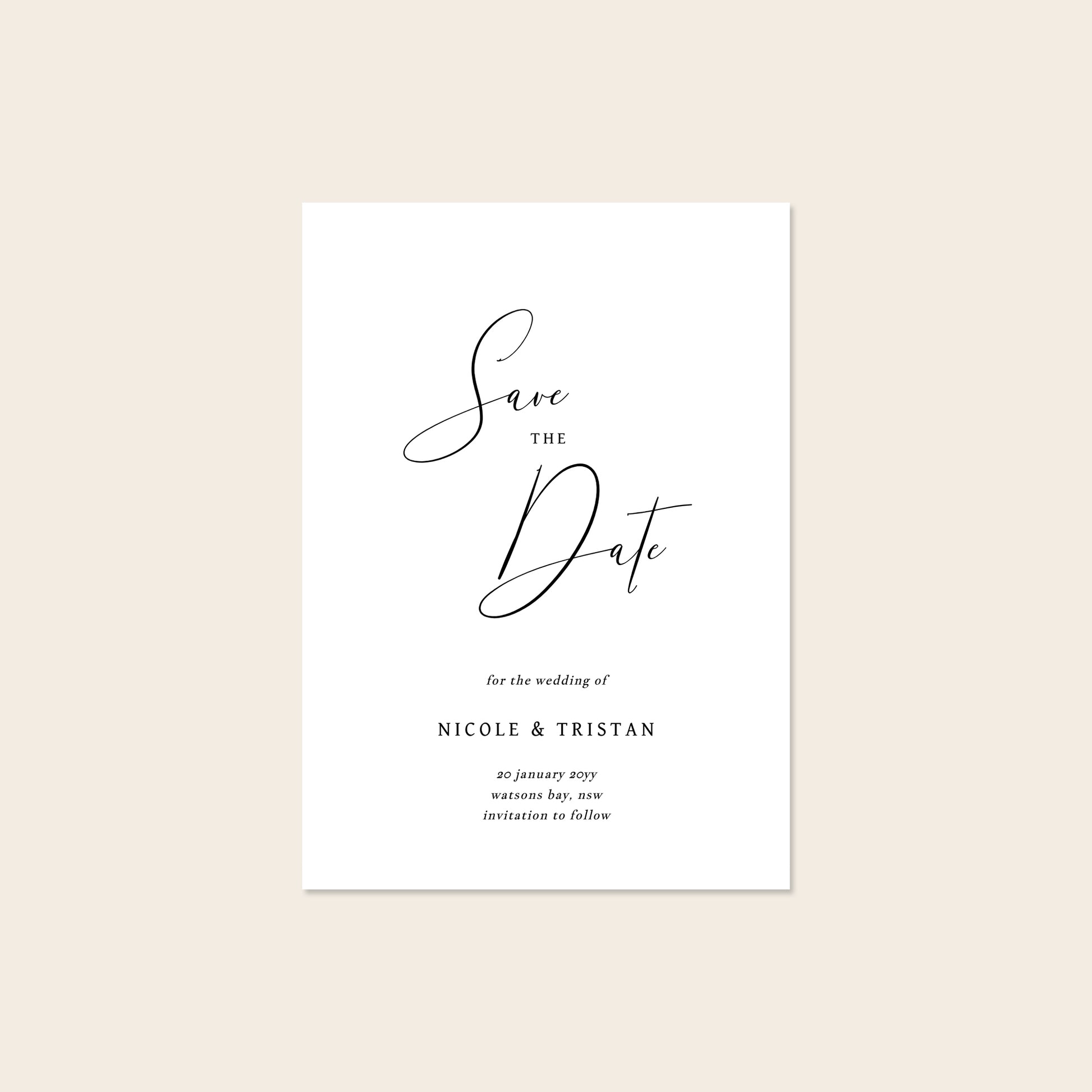 Wedding save the date card template design on a beige background.