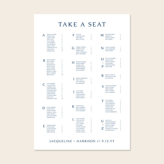 Wedding alphabetical table seating plan template design on a beige background.