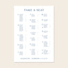 Wedding alphabetical table seating plan template design on a beige background.