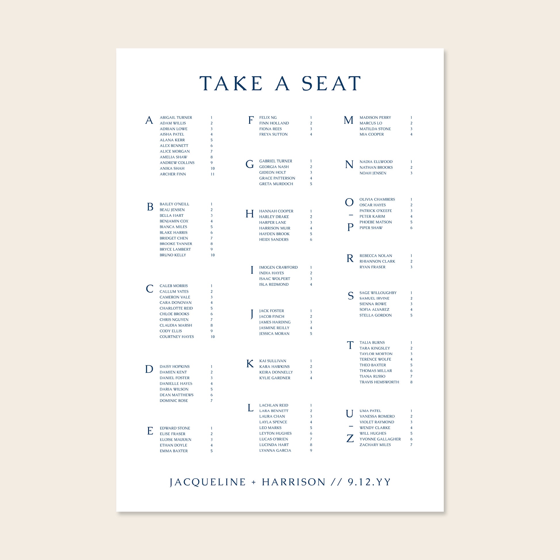 Wedding alphabetical table seating plan template design on a beige background.