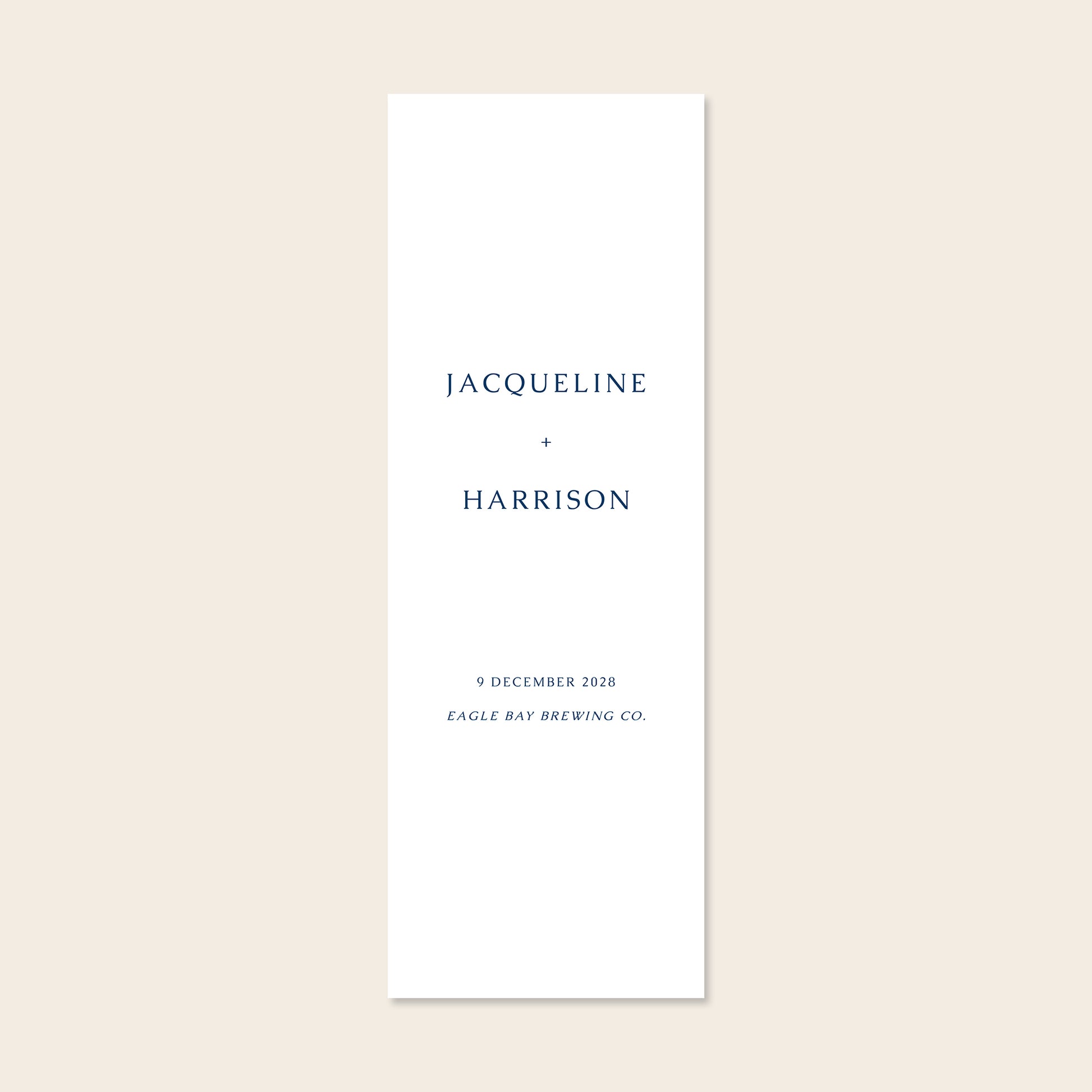 Vertical white fabric sign template on a beige background.