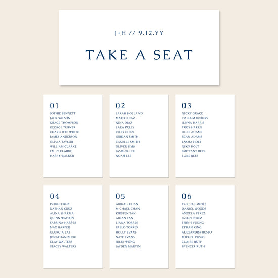 Printable seating chart cards template design with names and title on a beige background.