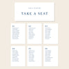 Printable seating chart cards template design with names and title on a beige background.