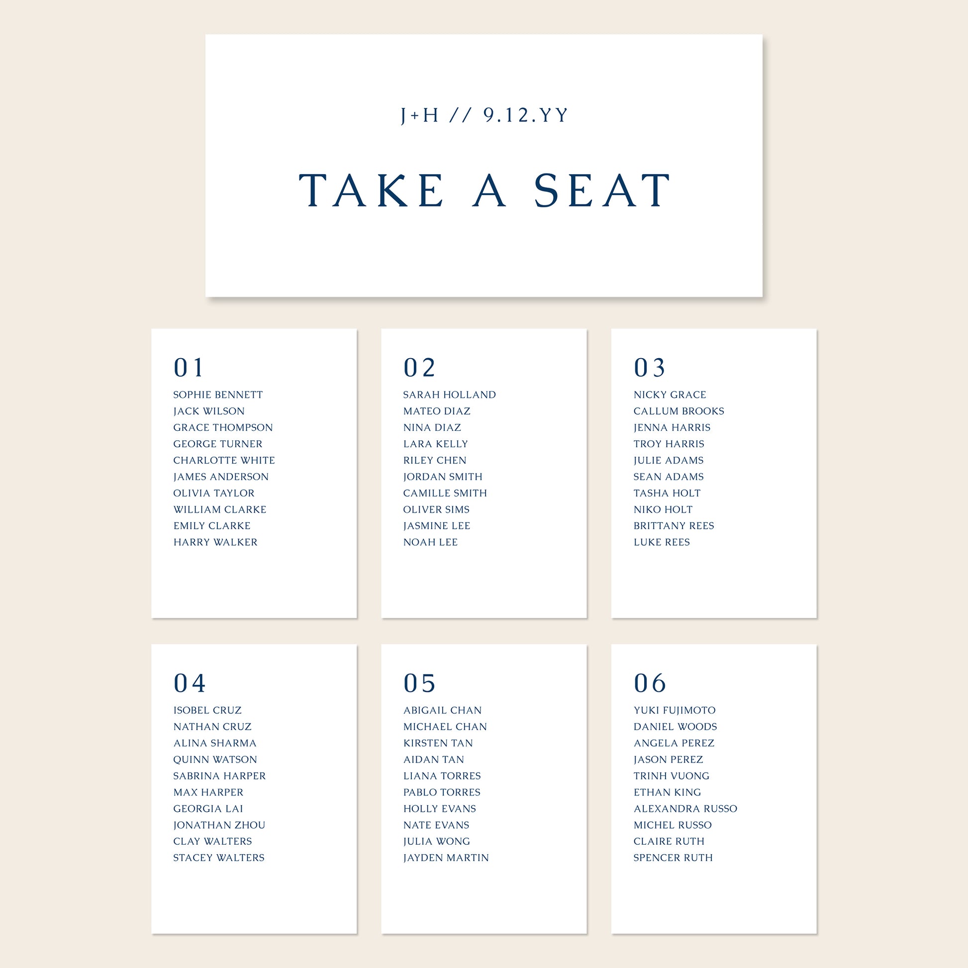 Printable seating chart cards template design with names and title on a beige background.