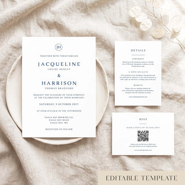 Editable Cove wedding invitation suite with invitation, details, and RSVP cards on a ceramic plate flat lay