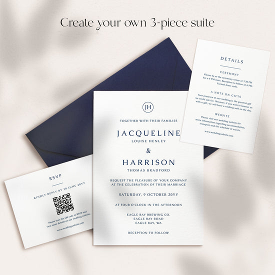Personalised 3-piece wedding invitation suite template with navy envelope, invitation, details, and RSVP cards
