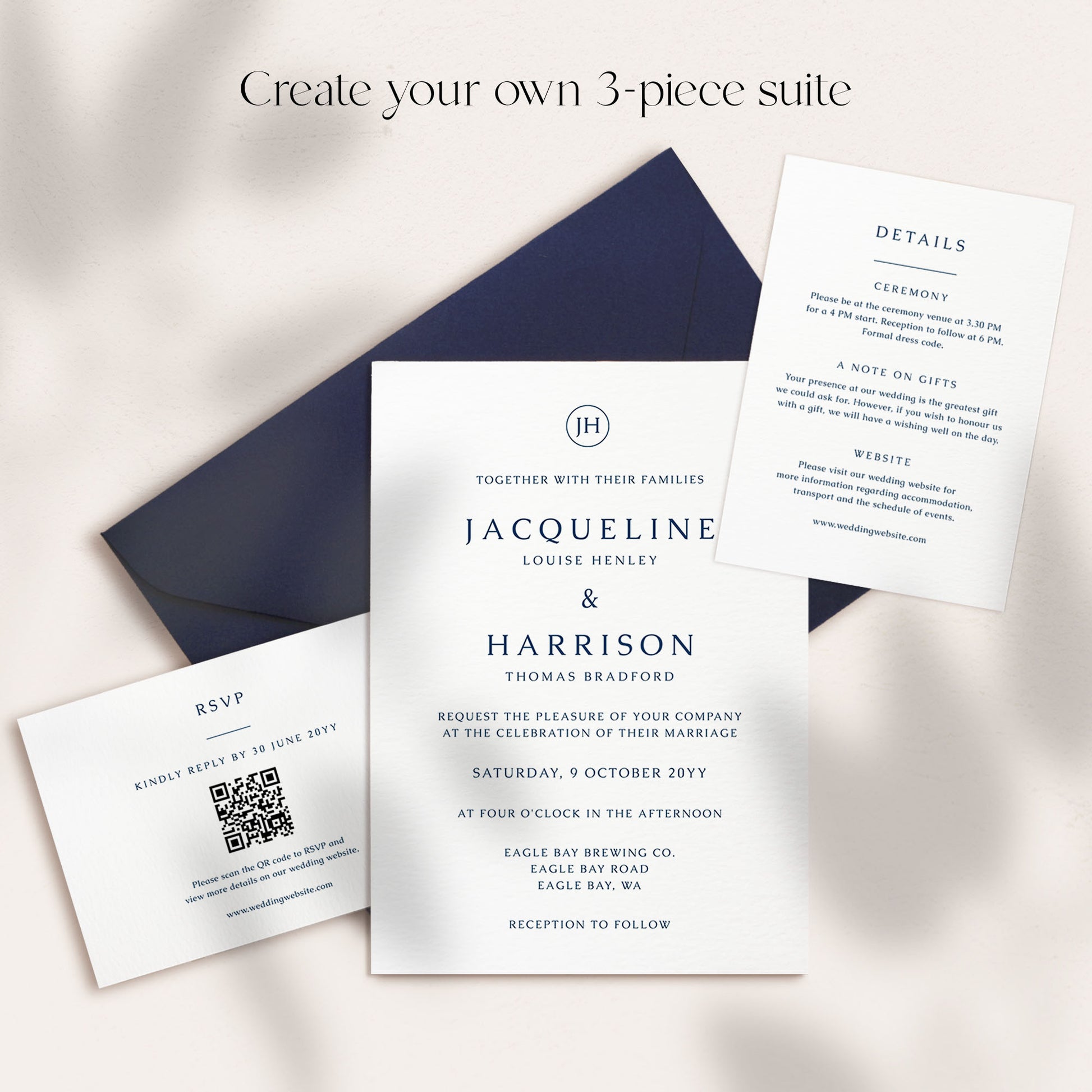 Personalised 3-piece wedding invitation suite template with navy envelope, invitation, details, and RSVP cards