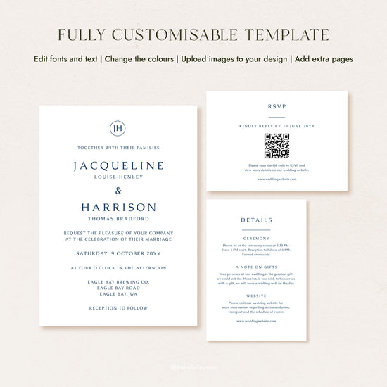 DIY minimal wedding invitation template showing the full customisable Cove suite layout