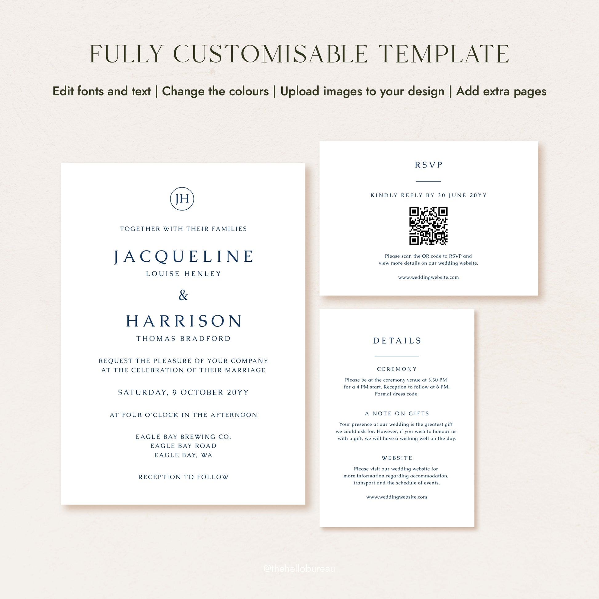 DIY minimal wedding invitation template showing the full customisable Cove suite layout
