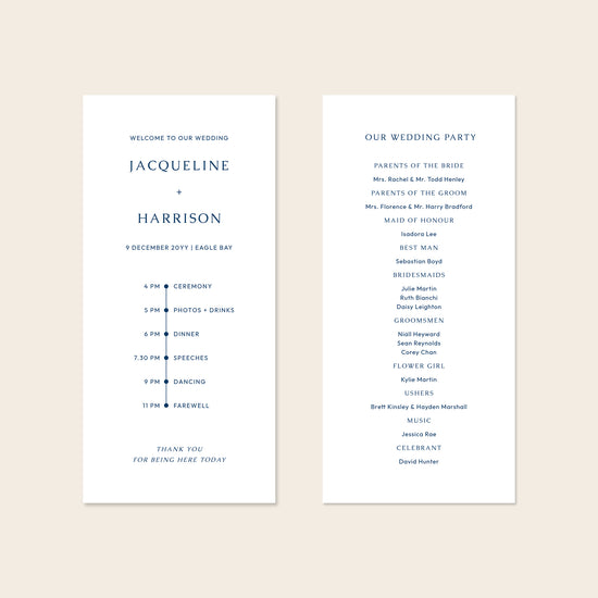 A digital mockup showing the front and back of a DL-sized wedding program template against a plain neutral backdrop.