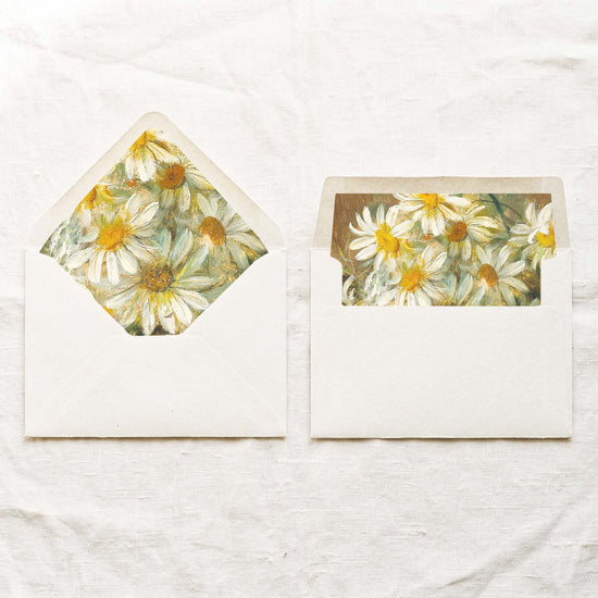 DIY fine art daisy envelope liners in a euro flap and a straight flap, with a Hans Zatzka painting of a bouquet of daisies in ivory, marigold yellow and soft green for 5x7 wedding invitations.