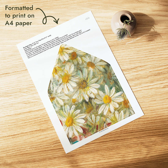 Painted floral wedding envelope liner PDF formatted to print on A4 paper, with A Bouquet of Daisies by Hans Zatzka in white, yellow and olive tones, plus trim lines for a 5x7 euro flap envelope.