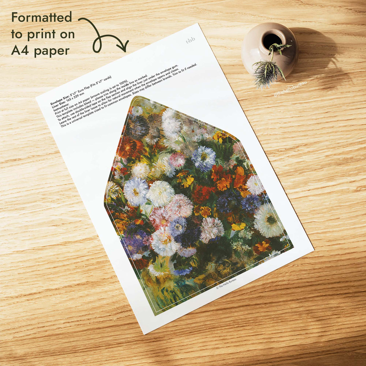 Printable Degas floral wedding envelope liner PDF formatted to print on A4 paper, with painted blue, white and pink blooms plus trim lines for a 5x7 euro flap envelope.