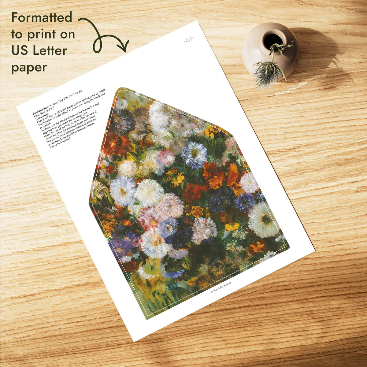 Printable painted floral envelope liner formatted for US Letter paper, sized for an A7 euro flap envelope that fits 5x7 wedding invitations, with rust, lilac and white flowers, DIY and ready to print at home.
