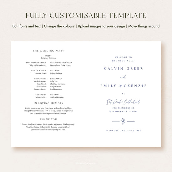 Editable Catholic wedding program template following the Catholic Order of Celebrating Matrimony, cover and wedding party page shown