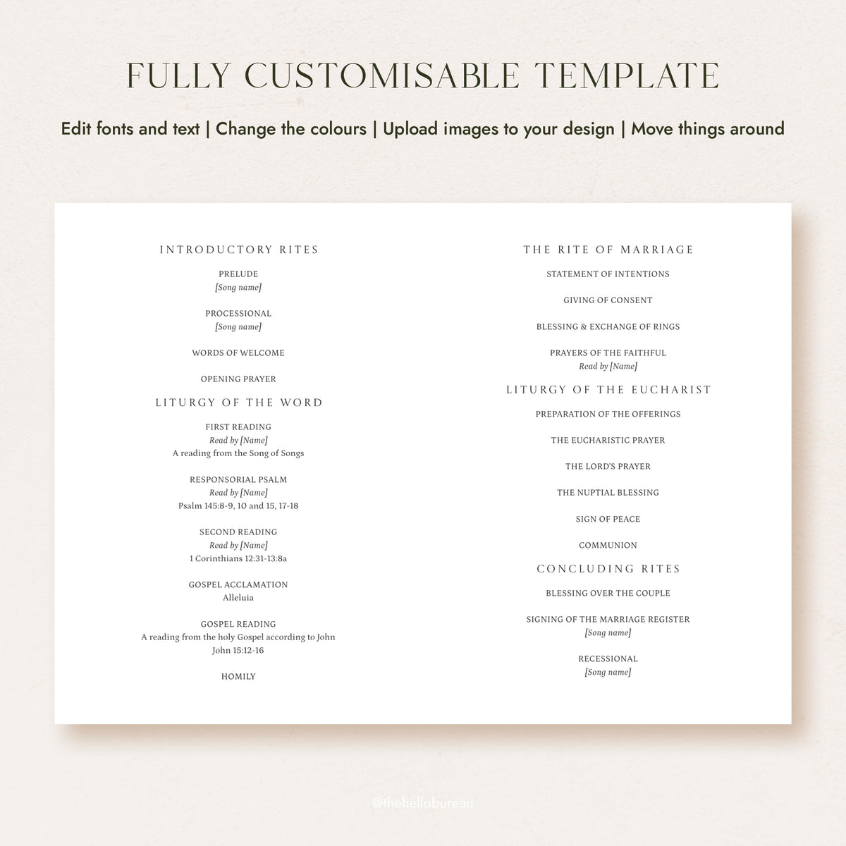 Printable Catholic wedding program following the Catholic Order of Celebrating Matrimony